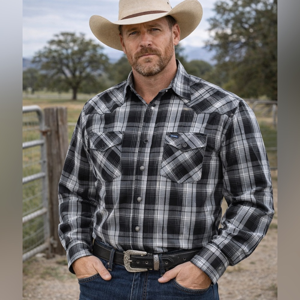 Wrangler Black White Plaid Denim Western Cowboy Pearl Snap Shirt Like New, XL